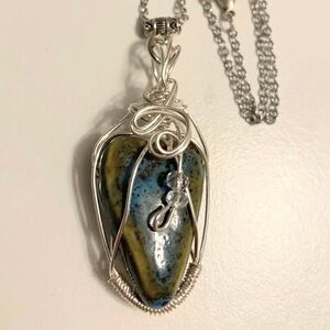 Silver Wire Wrapped Blue and Brown Pendant Necklace